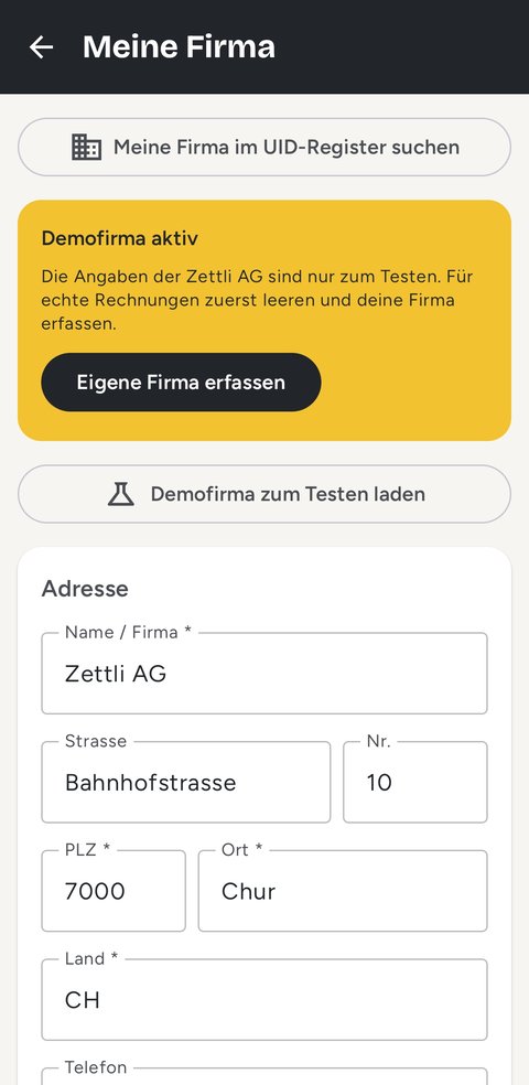 Meine Firma mit UID-Suche und Demofirma