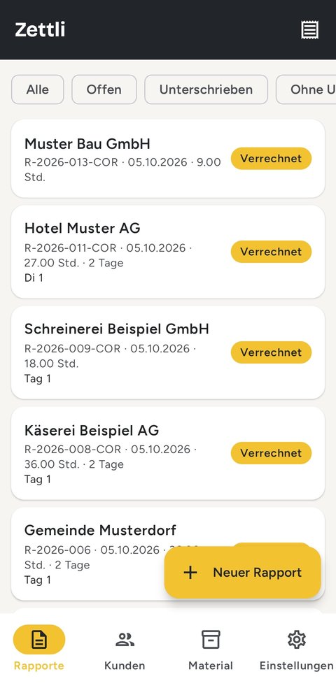 Rapportliste mit Status und Neuer Rapport