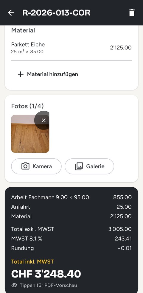 Material, Fotos und Total im Rapport