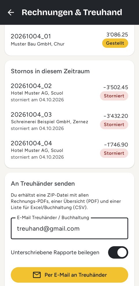 Rechnungen und Treuhand mit Stornos und Versand